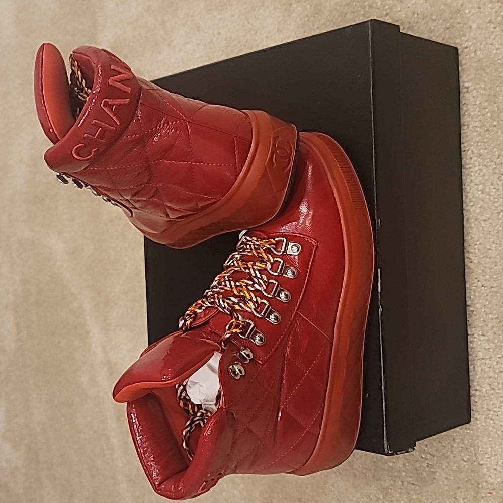 CHANEL Red Quilted Sneakers